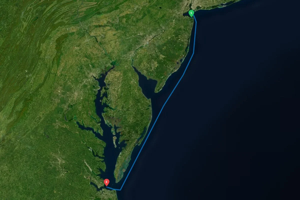 Atlantic Highlands Sandy Hook, NJ to Norfolk / Hampton, VA map preview