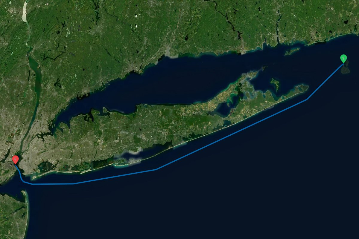 Block Island, RI to New York Harbor, NY map preview