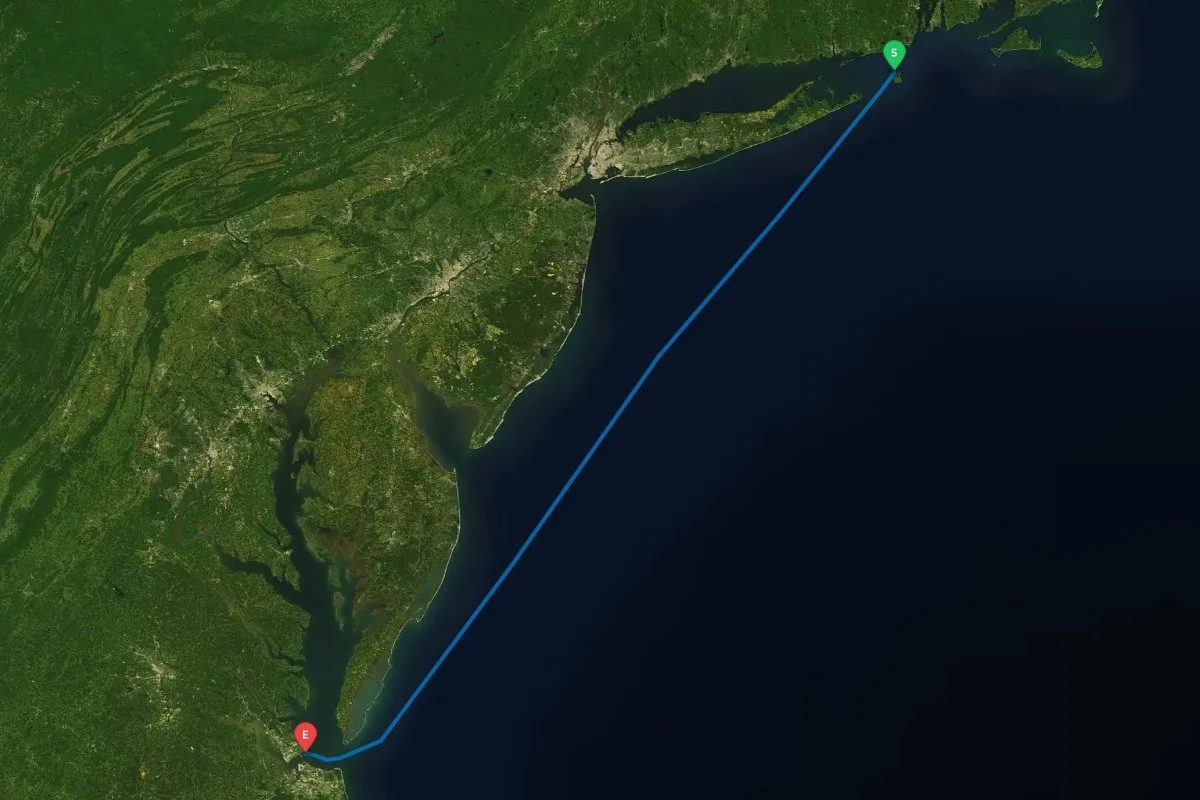 Block Island, RI to Norfolk / Hampton, VA map preview