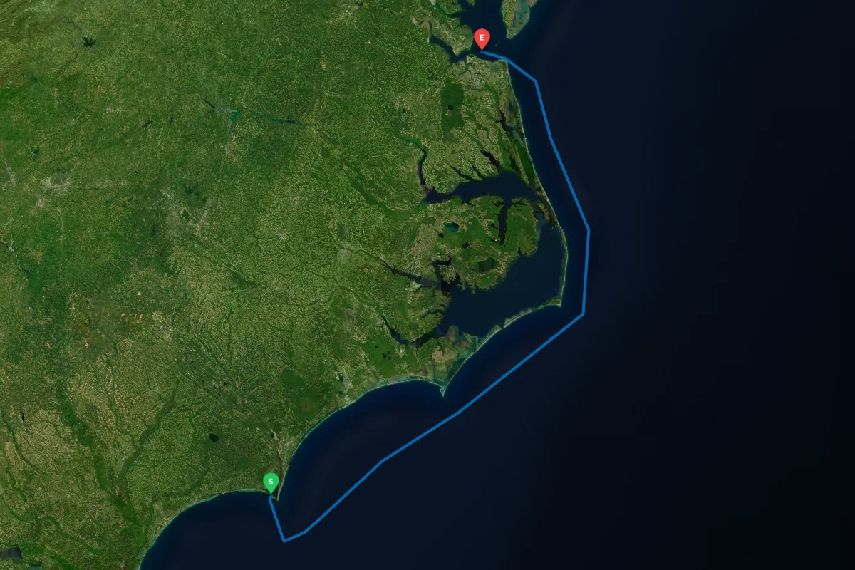 Cape Fear Inlet, NC to Norfolk / Hampton, VA map preview