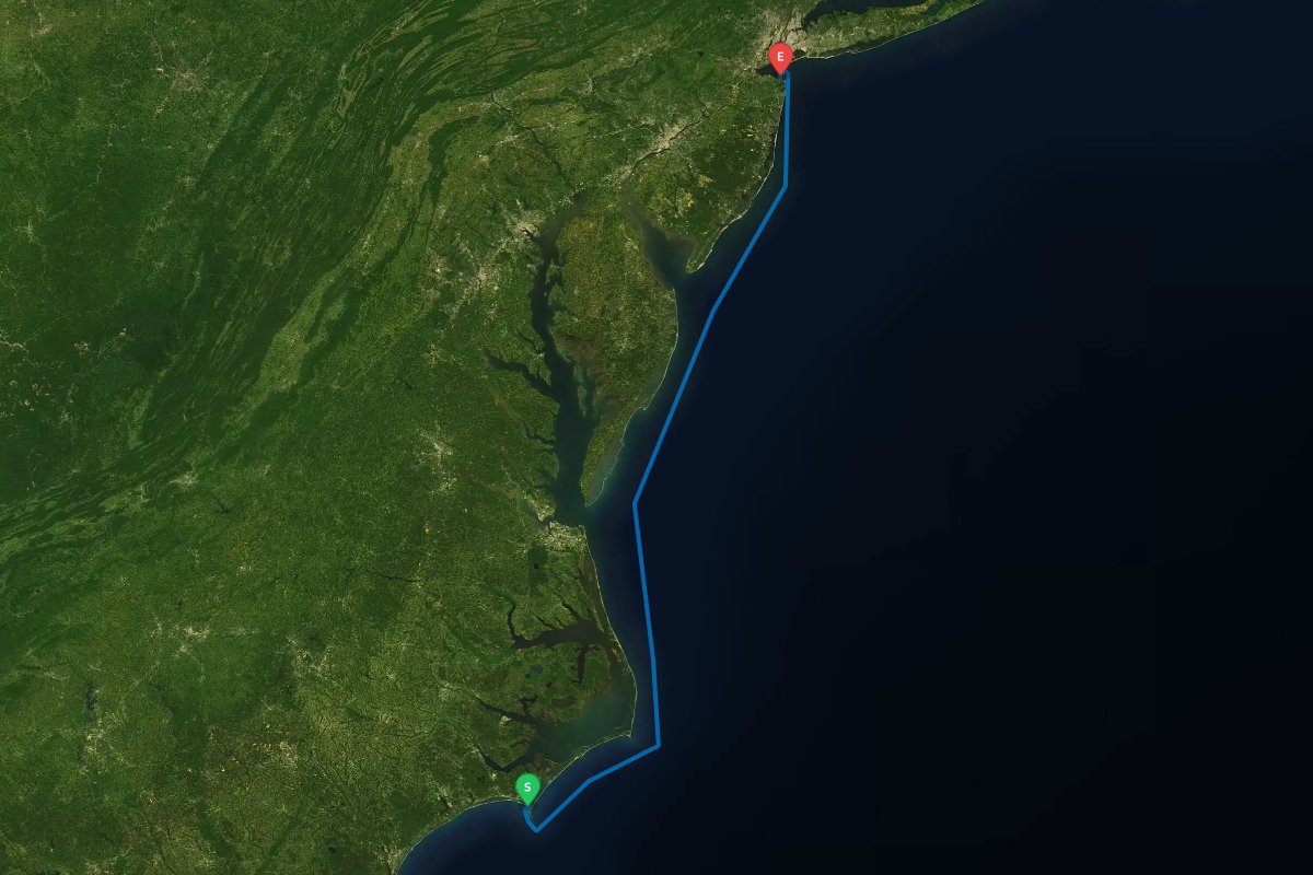Cape Lookout, NC to Atlantic Highlands Sandy Hook, NJ map preview