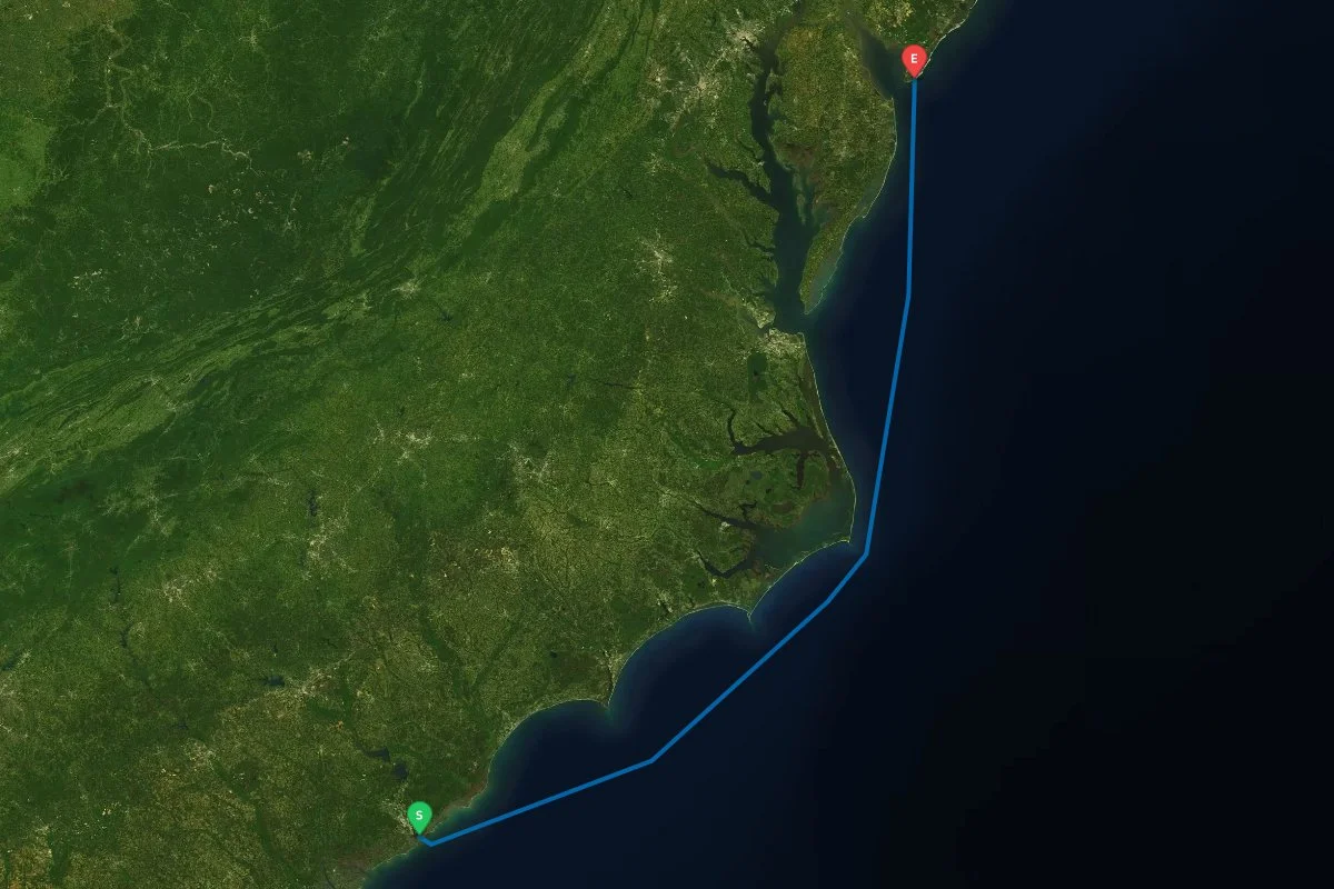 Charleston Harbor, SC to Cape May Inlet, NJ map preview