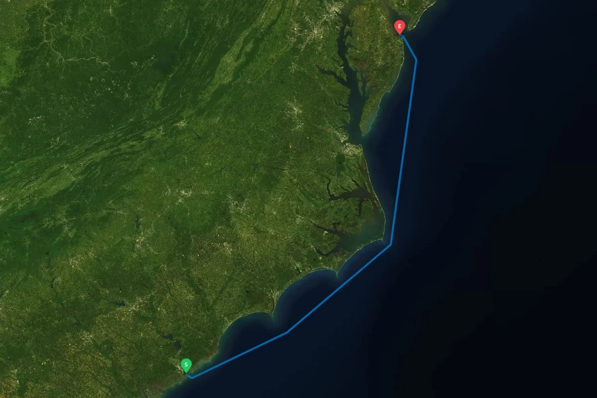 Charleston Harbor, SC to Delaware Bay, Lewes, DE map preview