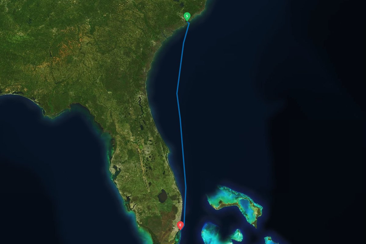 Charleston Harbor, SC to Government Cut, Miami, FL map preview