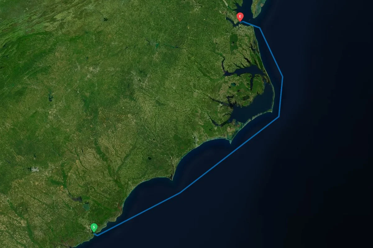Charleston Harbor, SC to Norfolk / Hampton, VA map preview