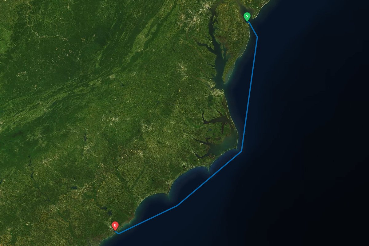 Delaware Bay, Lewes, DE to Charleston Harbor, SC map preview