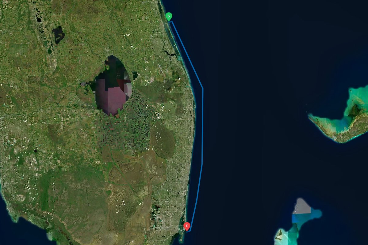 Ft Pierce Inlet, FL to Government Cut, Miami, FL map preview