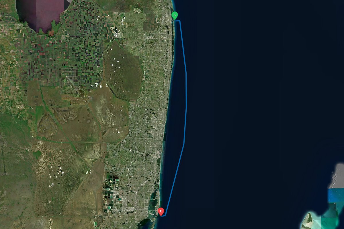 Lake Worth Inlet, Palm Beach, FL to Government Cut, Miami, FL map preview