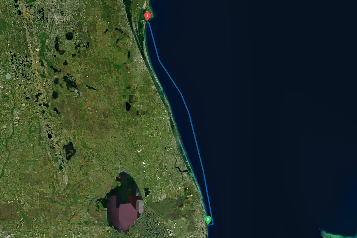 Lake Worth Inlet, Palm Beach, FL to Port Canaveral, Cape Canaveral, FL map preview