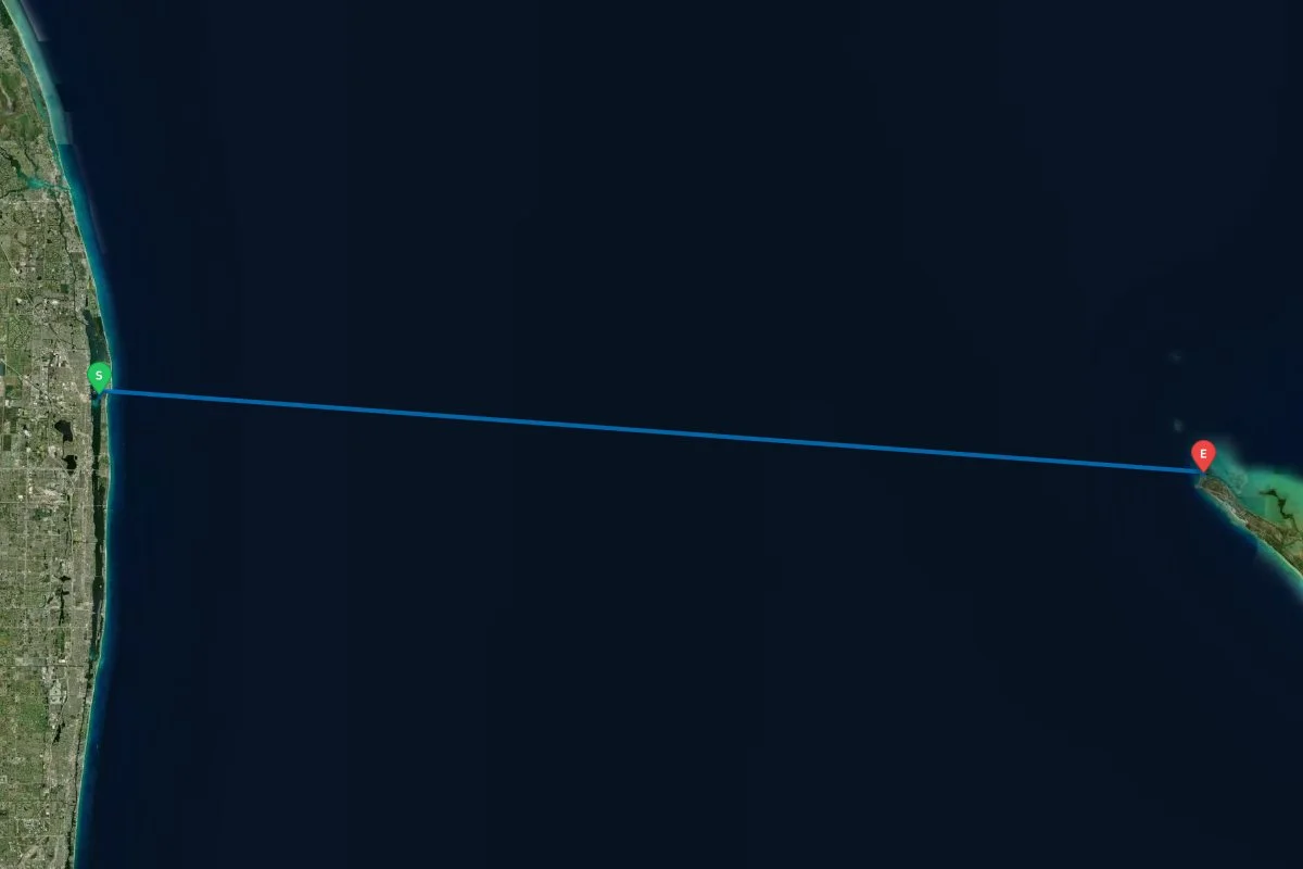 Lake Worth, FL to West End, The Bahamas map preview