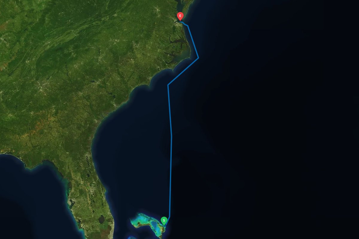 Marsh Harbour, The Abacos, The Bahamas to Norfolk / Hampton, VA map preview