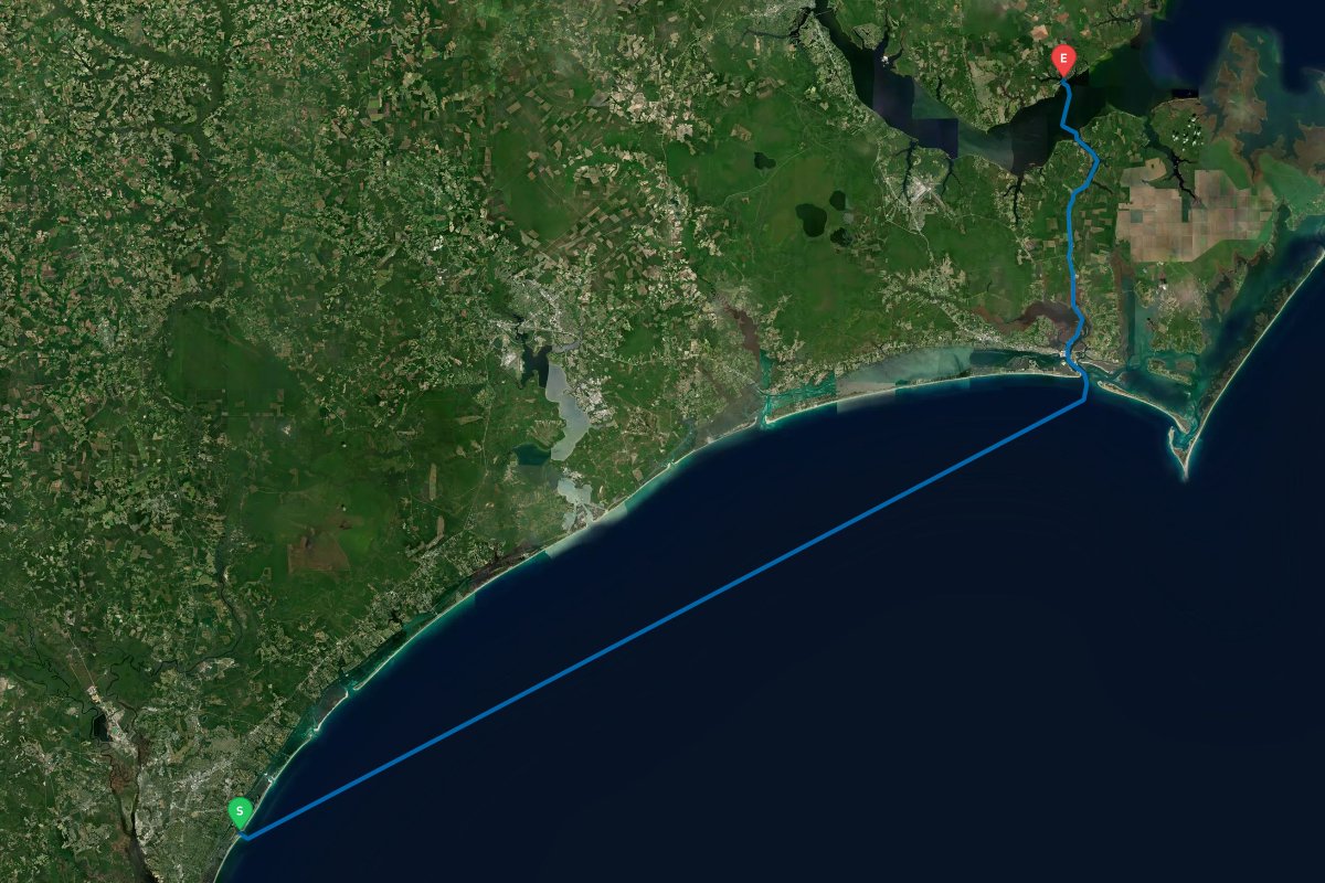 Masonboro Inlet, Wrightsville Beach, NC to Oriental, NC map preview