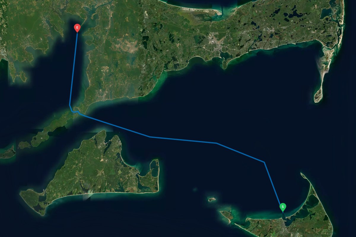 Nantucket, MA to Cape Cod Canal, Buzzards Bay, MA map preview
