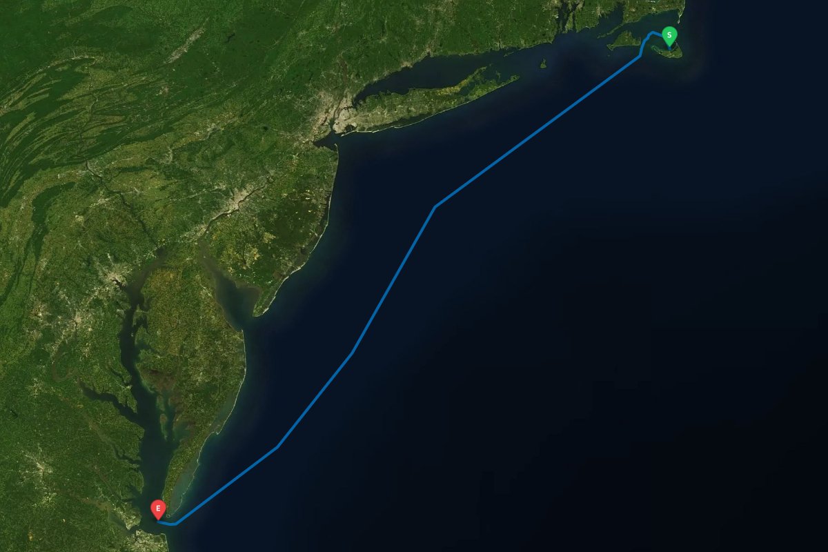 Nantucket, MA to Norfolk / Hampton, VA map preview