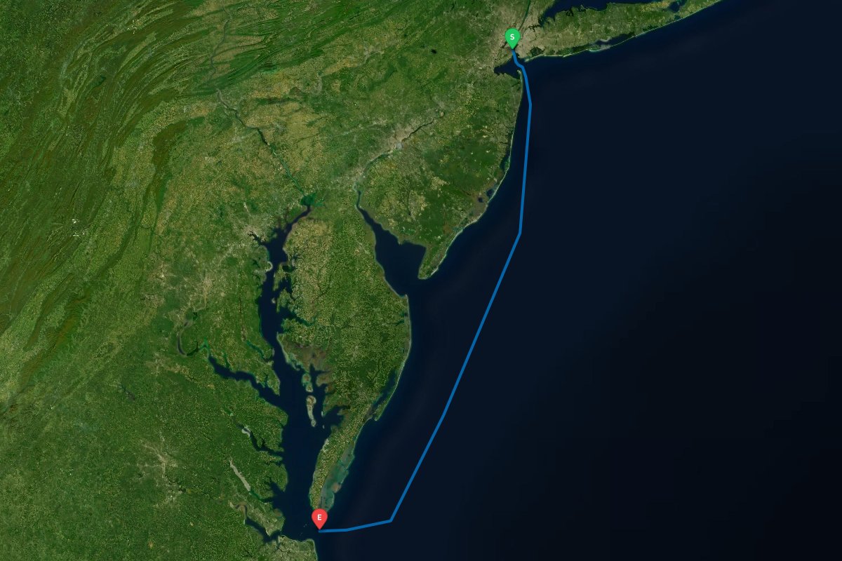New York Harbor, NY to Norfolk / Hampton, VA map preview