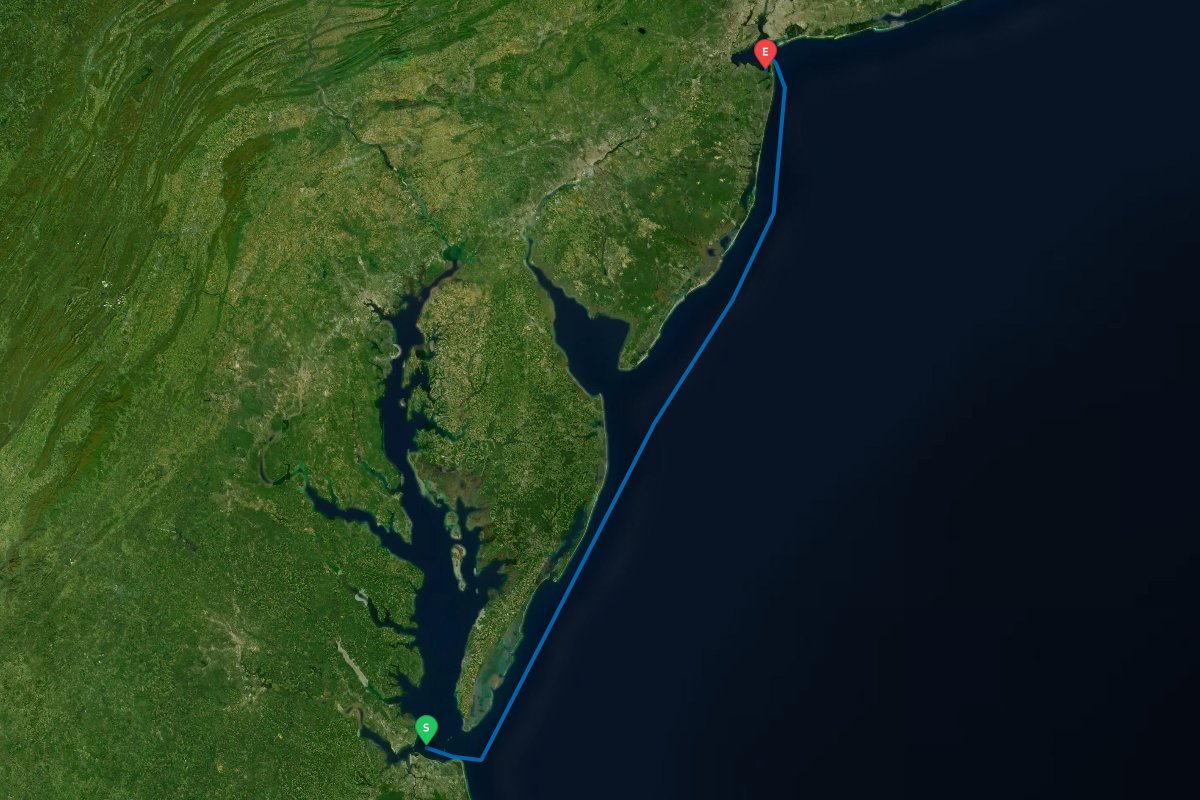 Norfolk / Hampton, VA to Atlantic Highlands Sandy Hook, NJ map preview