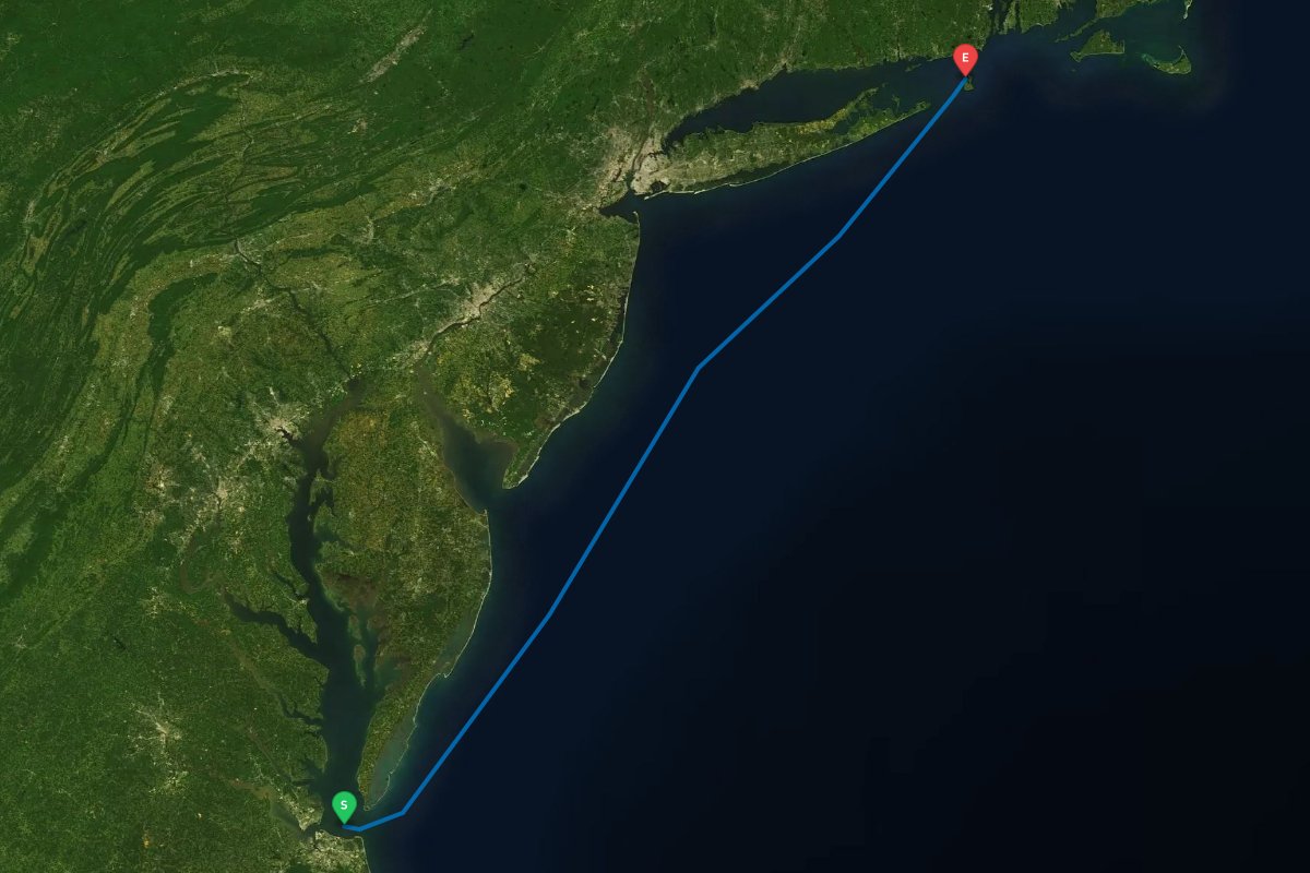 Norfolk / Hampton, VA to Block Island, RI map preview