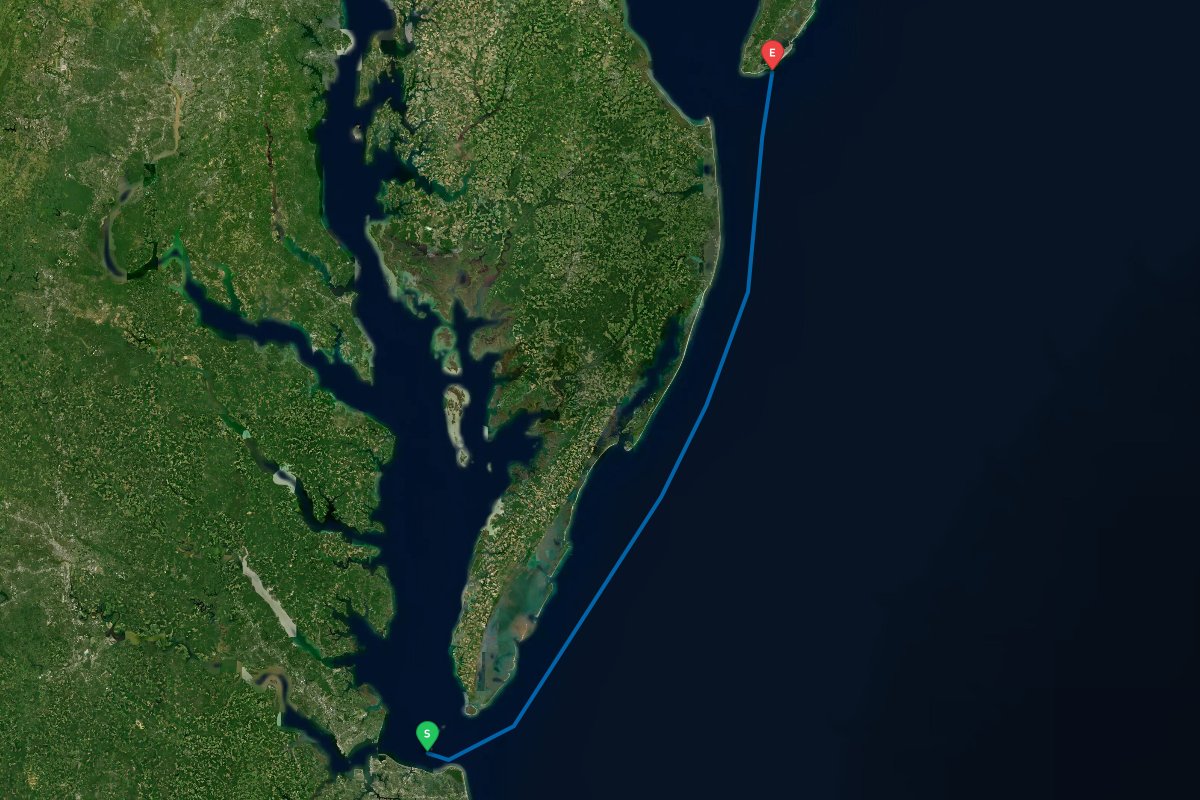 Norfolk / Hampton, VA to Cape May Inlet, NJ map preview