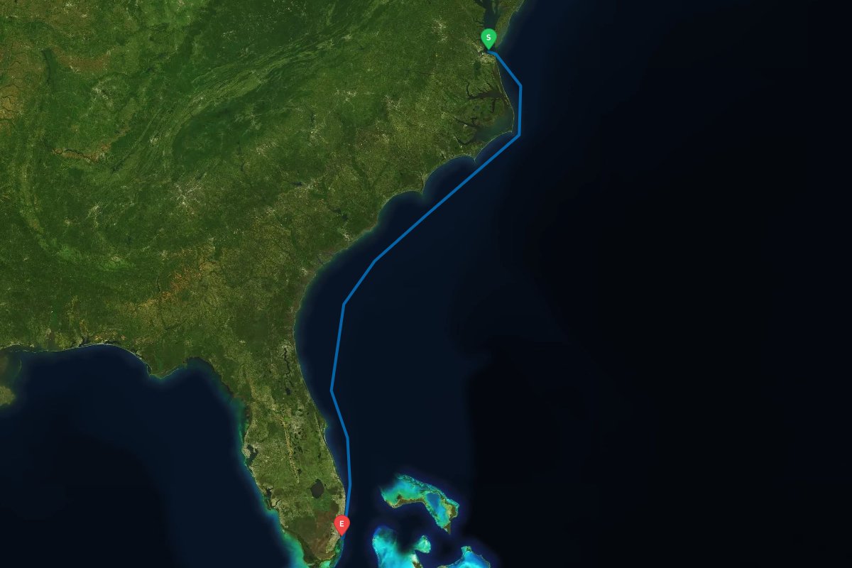 Norfolk / Hampton, VA to Government Cut, Miami, FL map preview