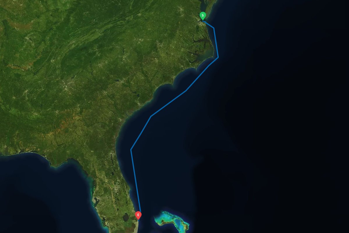 Norfolk / Hampton, VA to Lake Worth Inlet, Palm Beach, FL map preview