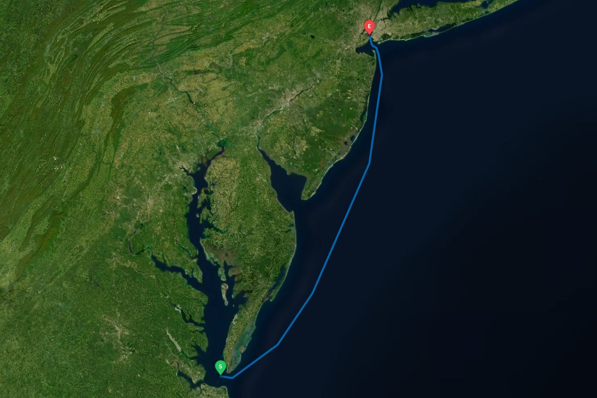 Norfolk / Hampton, VA to New York Harbor, NY map preview