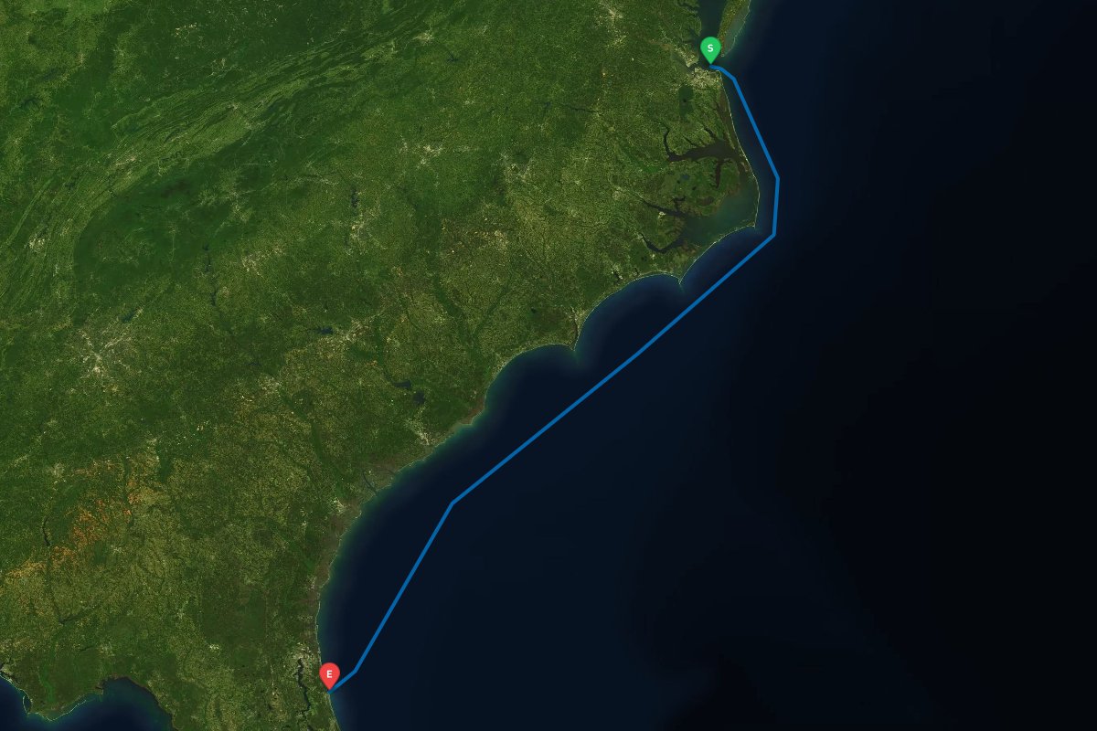 Norfolk / Hampton, VA to St. Augustine Inlet, FL map preview