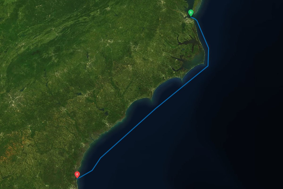 Norfolk / Hampton, VA to St Marys Inlet, GA, Fernandina Beach, FL map preview